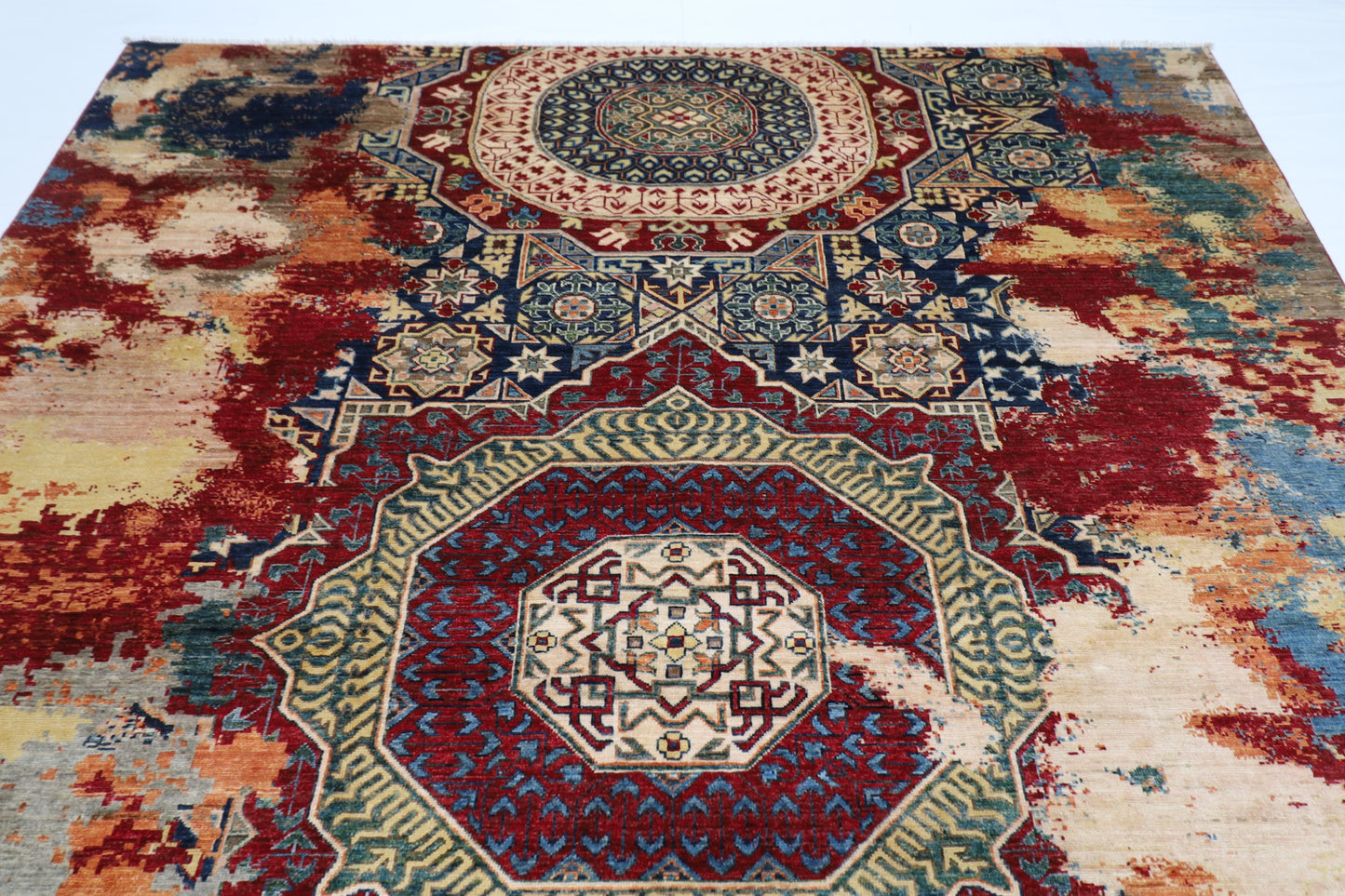 245 x 297 cm | Abstract Mamluk Afghan Tribal Hand Knotted Veg Dye Wool carpet