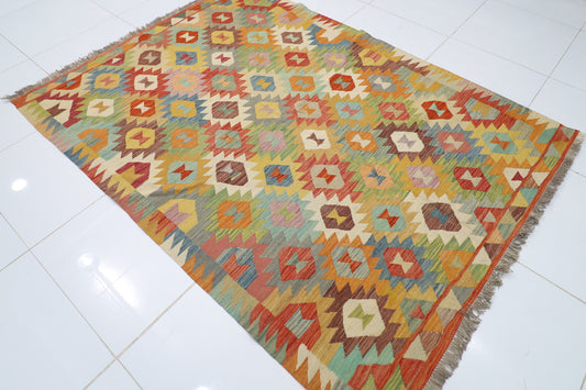 175 x 235 cm | Multicolor Wool Kilim Area Traditional Hand Woven Oriental Carpet