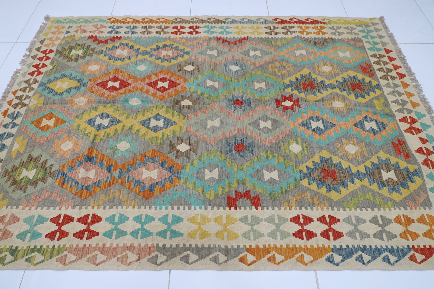177 x 248 cm | Multicolor Wool Kilim Area Traditional Hand Woven Oriental Carpet