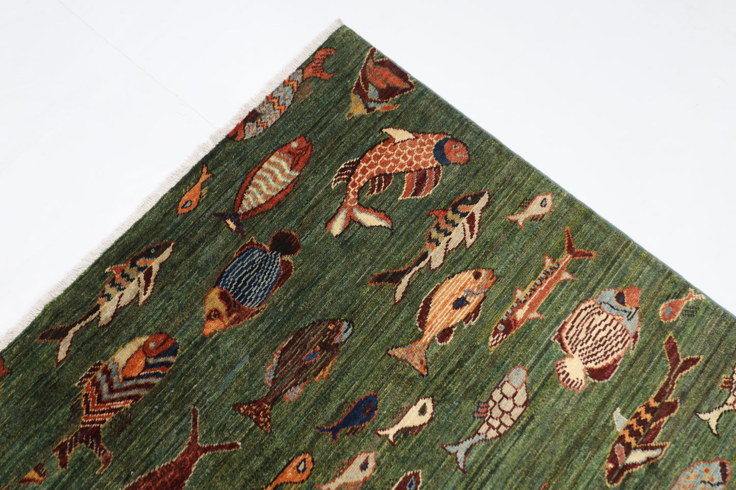 154 x 201 cm | Fish Green Oriental Area Rug Afghan Hand Knotted Veg Dye Wool carpet