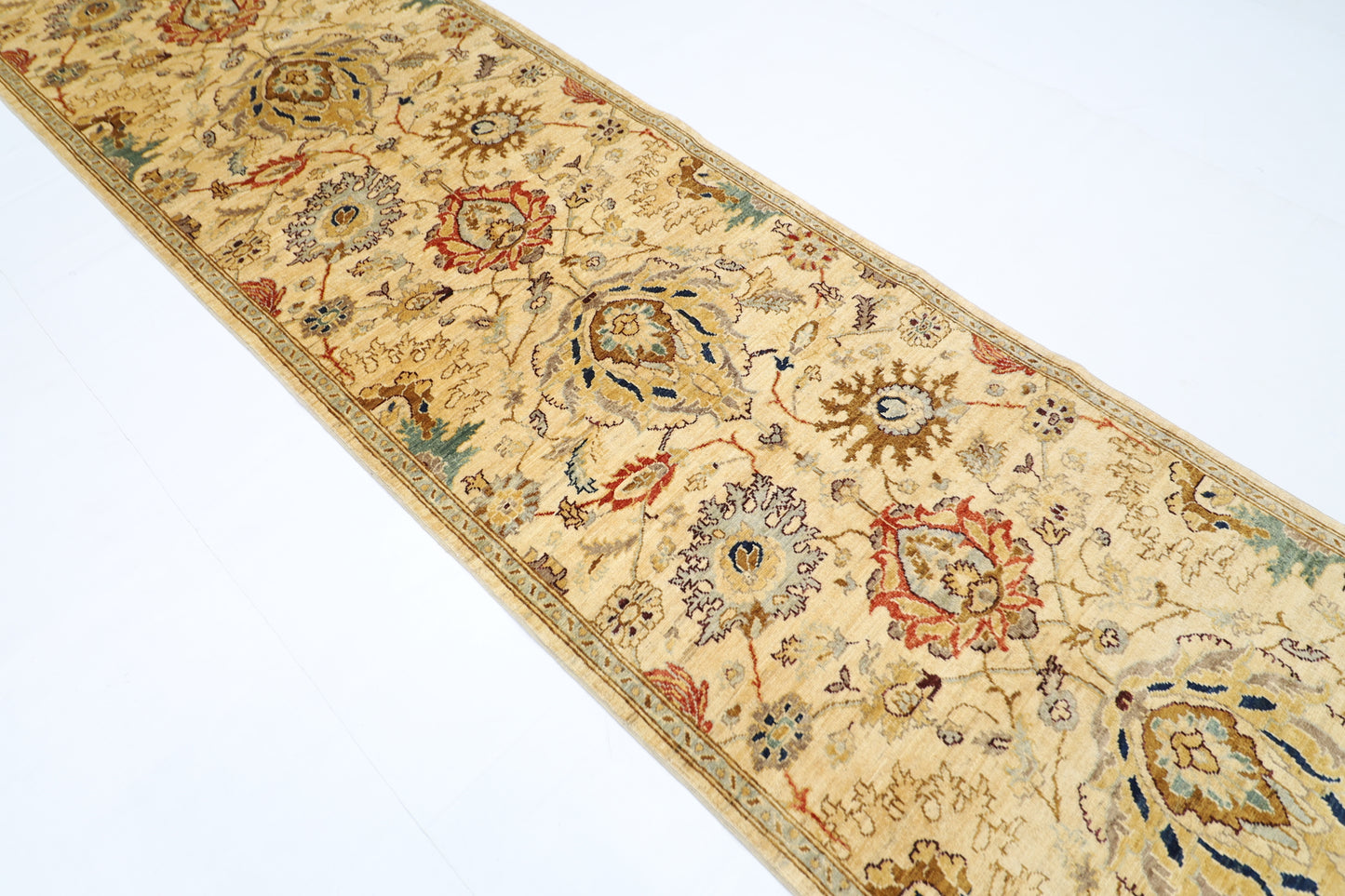 98 x 347 cm | Beige Afghan Tribal Hand Knotted Veg Dye Wool Runner