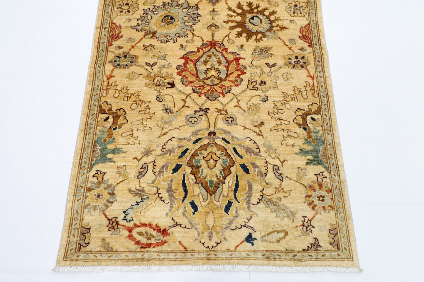 98 x 347 cm | Beige Afghan Tribal Hand Knotted Veg Dye Wool Runner