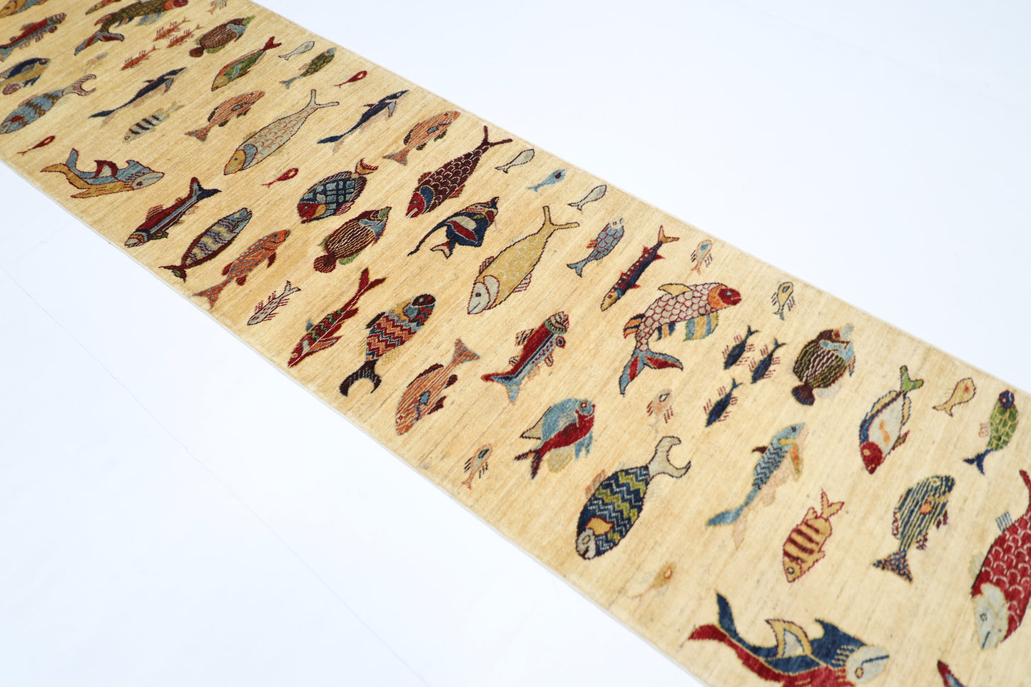 83 x 345 cm | Beige Fish Party Afghan Tribal Hand Knotted Veg Dye Wool Runner