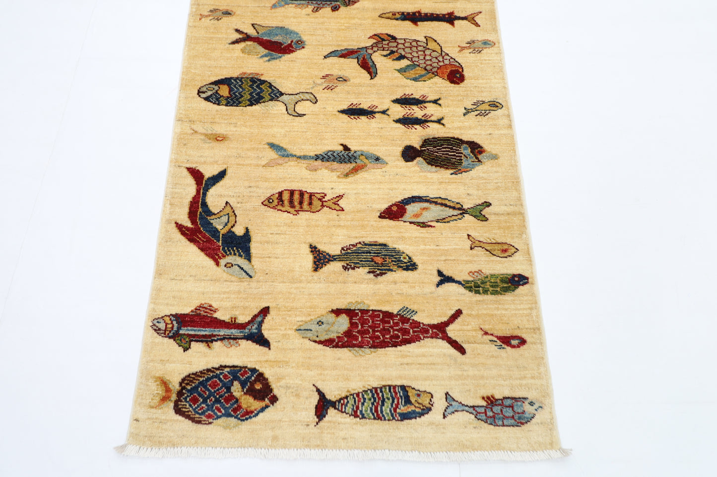 83 x 345 cm | Beige Fish Party Afghan Tribal Hand Knotted Veg Dye Wool Runner