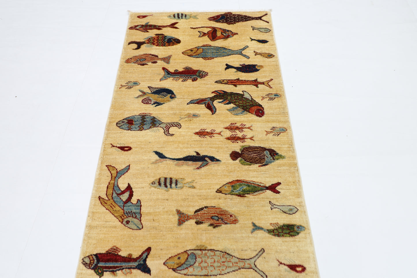 83 x 345 cm | Beige Fish Party Afghan Tribal Hand Knotted Veg Dye Wool Runner