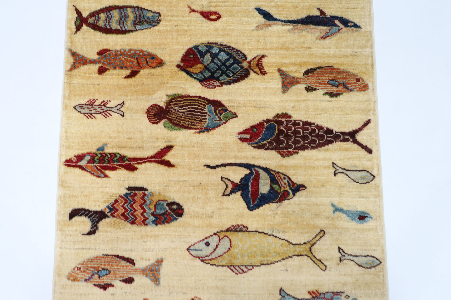 83 x 345 cm | Beige Fish Party Afghan Tribal Hand Knotted Veg Dye Wool Runner