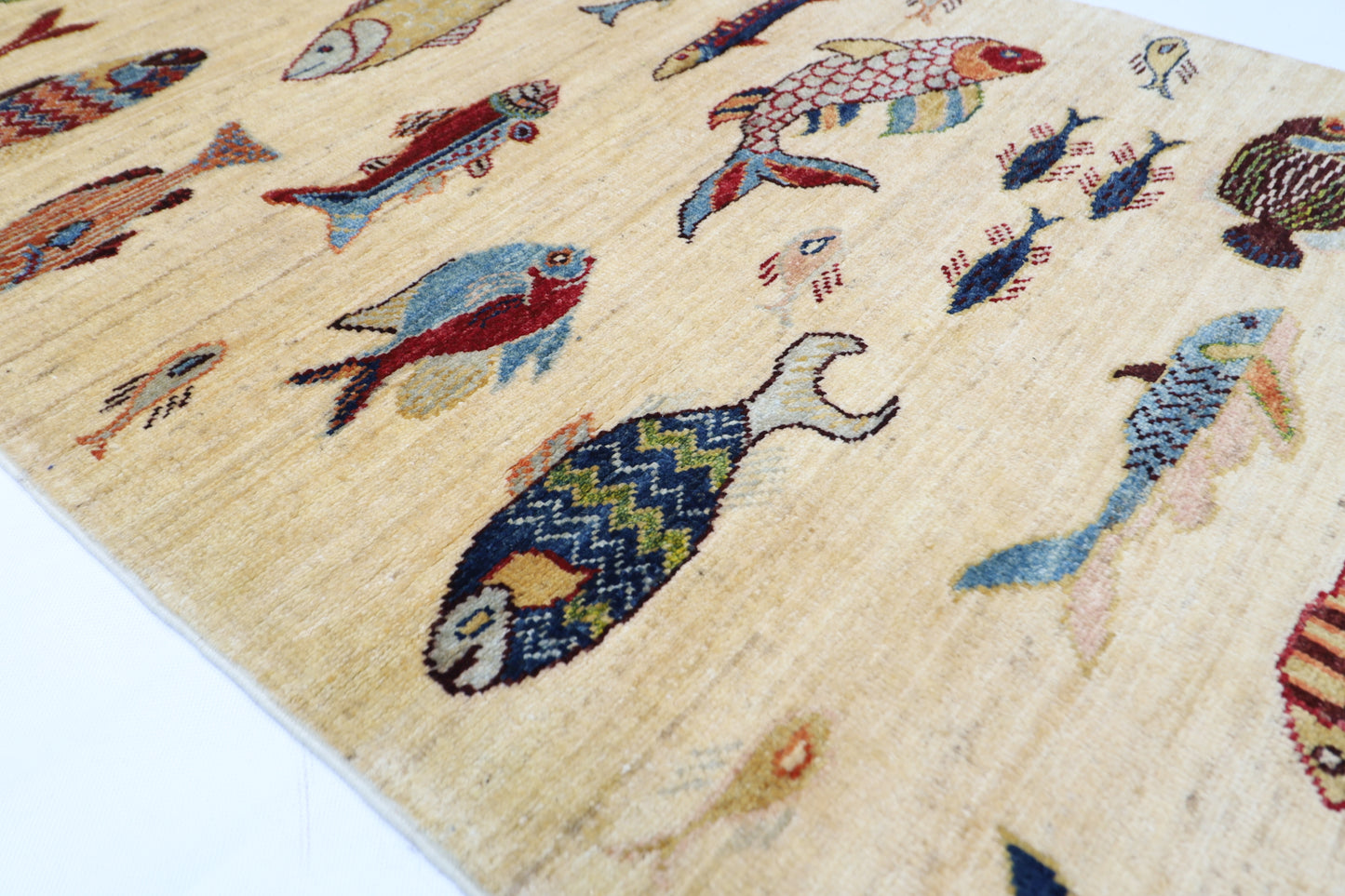 83 x 345 cm | Beige Fish Party Afghan Tribal Hand Knotted Veg Dye Wool Runner