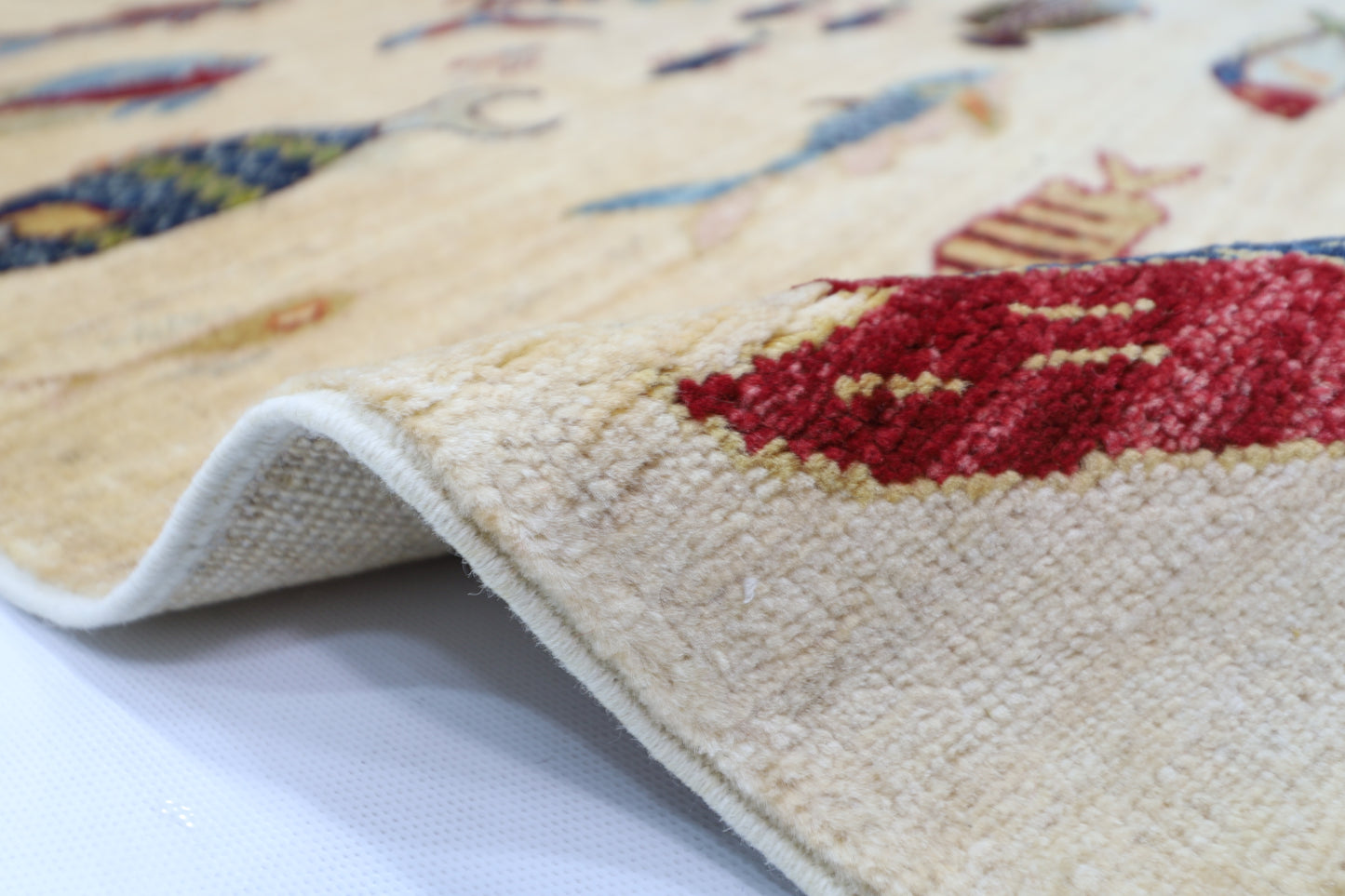 83 x 345 cm | Beige Fish Party Afghan Tribal Hand Knotted Veg Dye Wool Runner