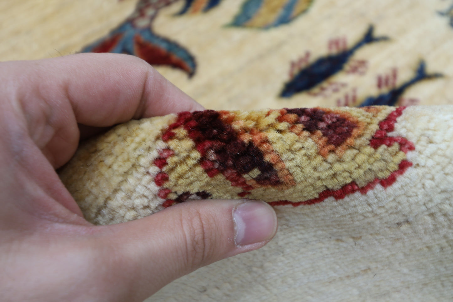 83 x 345 cm | Beige Fish Party Afghan Tribal Hand Knotted Veg Dye Wool Runner