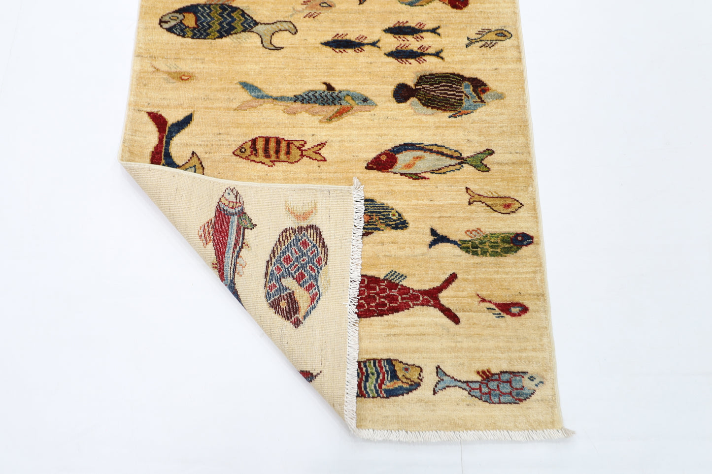 83 x 345 cm | Beige Fish Party Afghan Tribal Hand Knotted Veg Dye Wool Runner