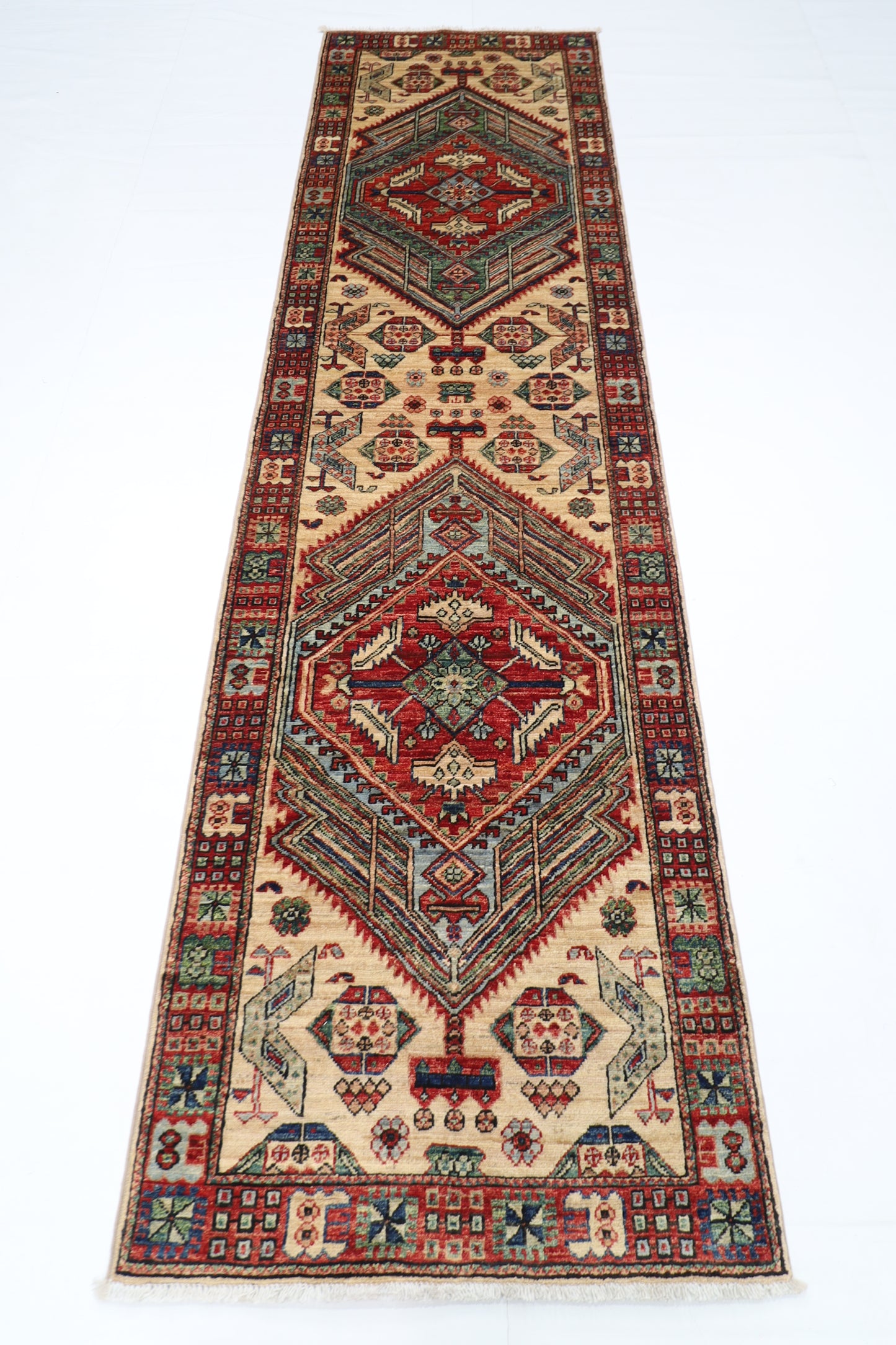 82 x 302 cm | Heriz Beige Afghan Tribal Hand Knotted Veg Dye Wool Runner