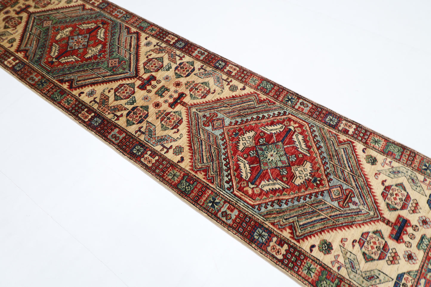 82 x 302 cm | Heriz Beige Afghan Tribal Hand Knotted Veg Dye Wool Runner