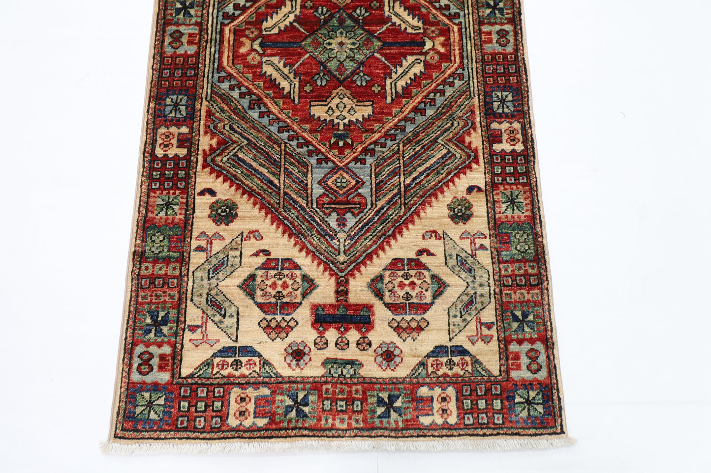 82 x 302 cm | Heriz Beige Afghan Tribal Hand Knotted Veg Dye Wool Runner