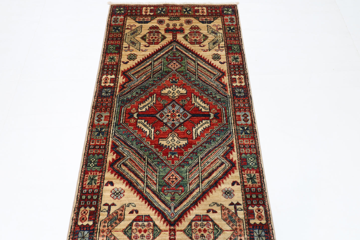 82 x 302 cm | Heriz Beige Afghan Tribal Hand Knotted Veg Dye Wool Runner