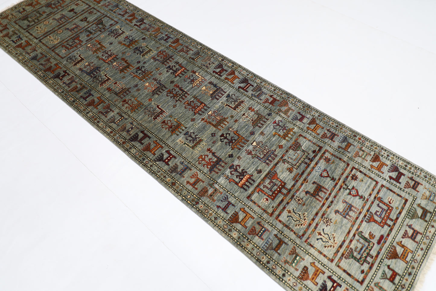 87 x 296 cm | Animal Afghan Tribal Hand Knotted Veg Dye Wool Runner