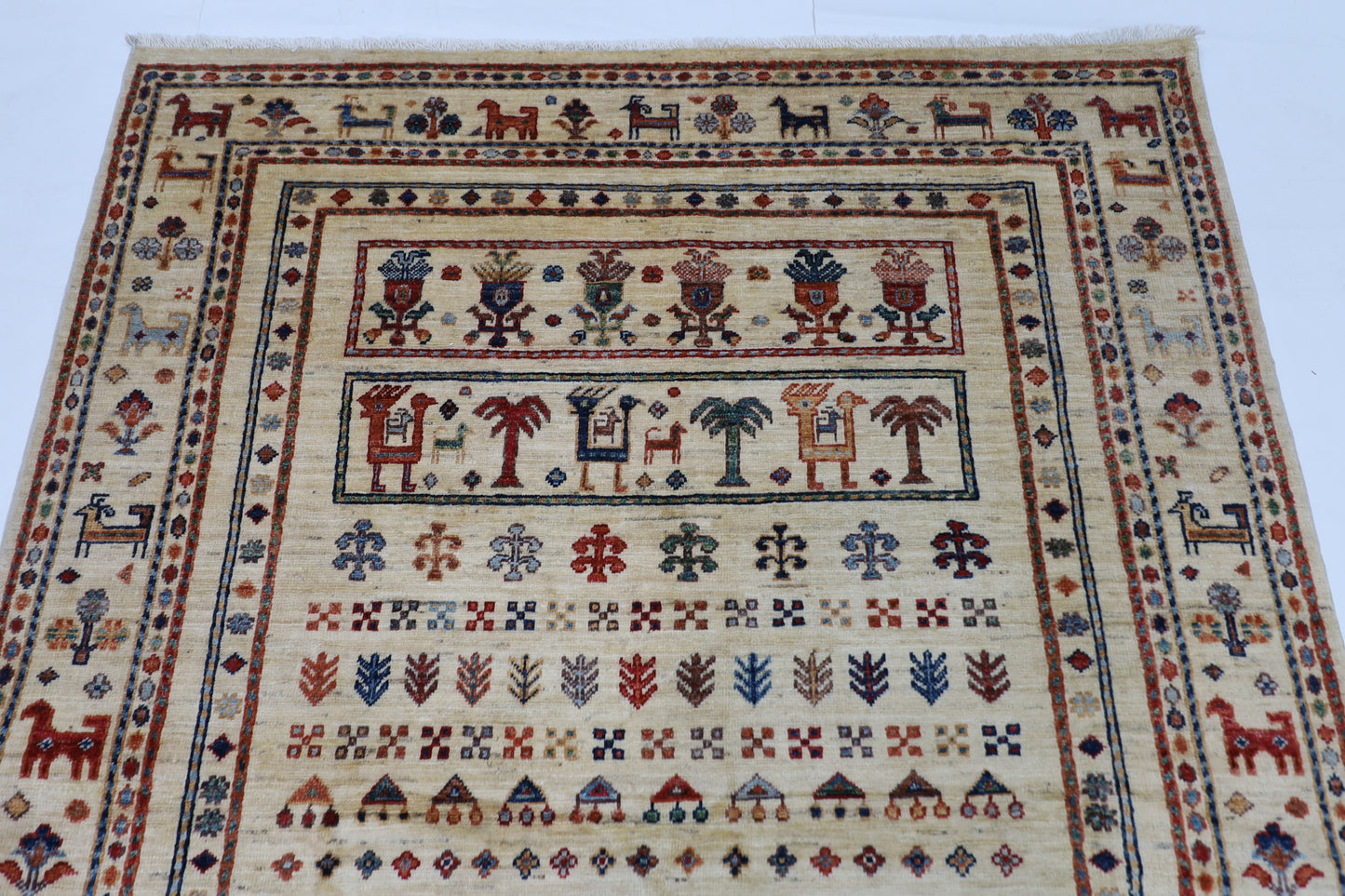 148 x 199 cm | Animal Afghan Tribal Hand Knotted Veg Dye Wool Runner