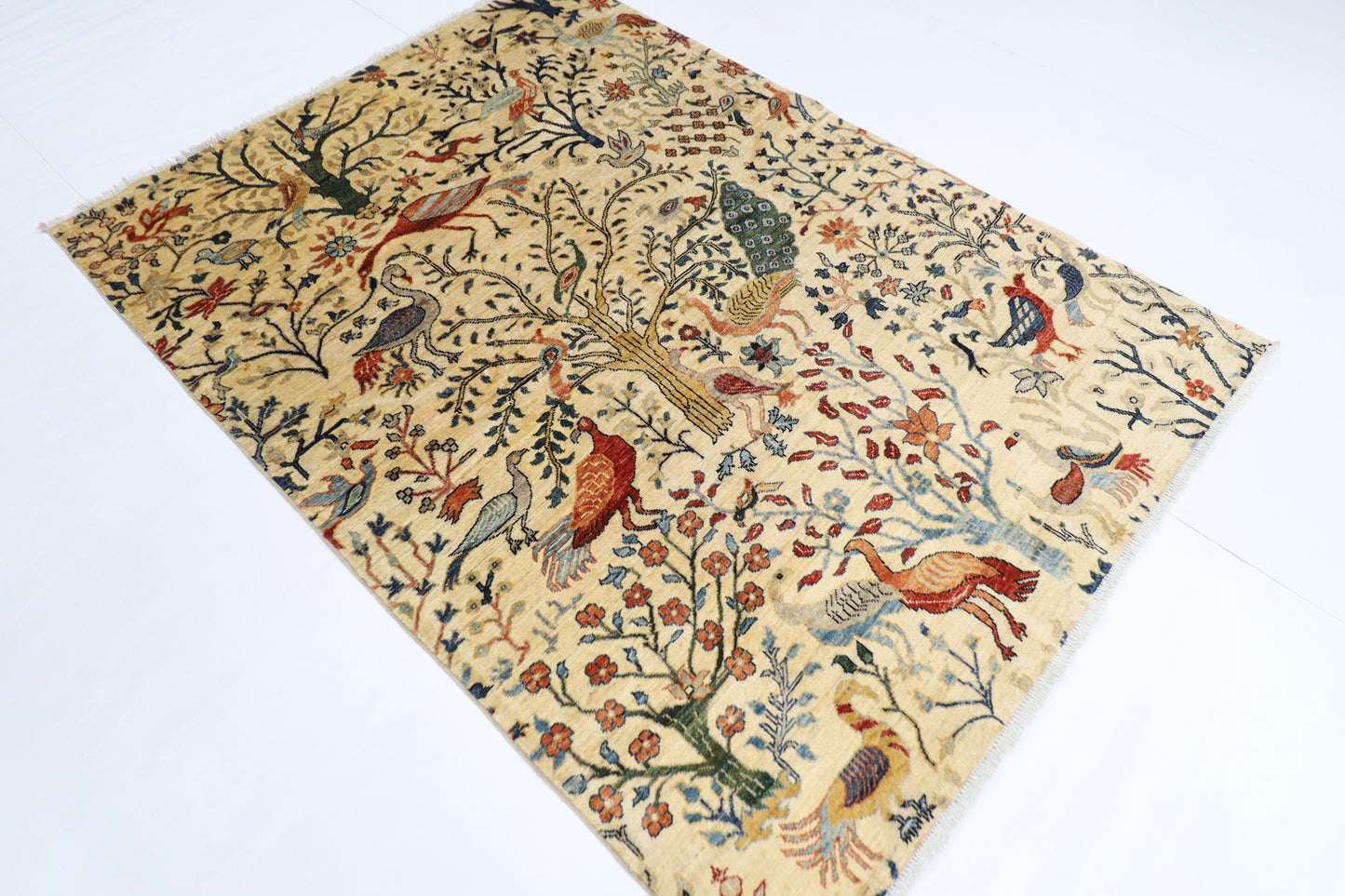 148 x 202 cm | Birds Afghan Tribal Hand Knotted Veg Dye Wool Runner