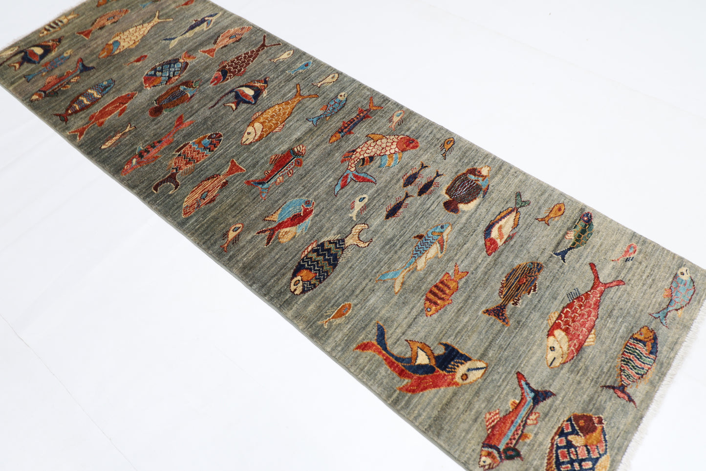 83 x 248 cm | Fish Party Afghan Tribal Hand Knotted Veg Dye Wool Runner