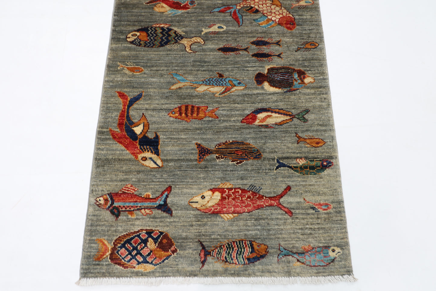 83 x 248 cm | Fish Party Afghan Tribal Hand Knotted Veg Dye Wool Runner
