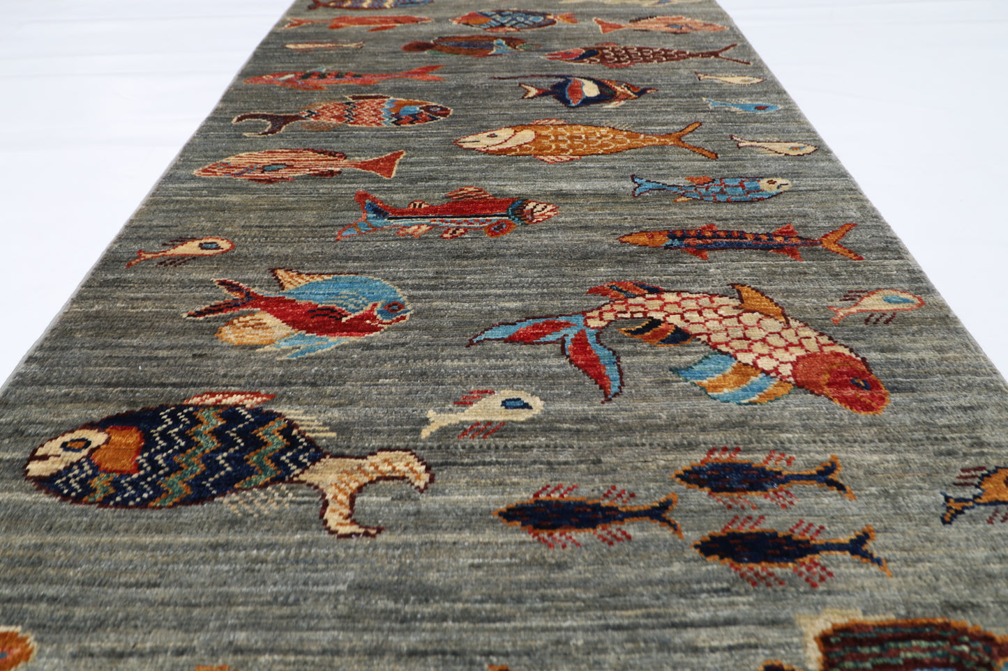 83 x 248 cm | Fish Party Afghan Tribal Hand Knotted Veg Dye Wool Runner