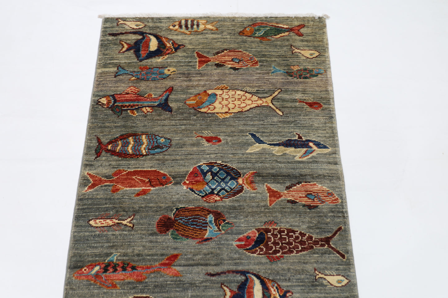 83 x 248 cm | Fish Party Afghan Tribal Hand Knotted Veg Dye Wool Runner