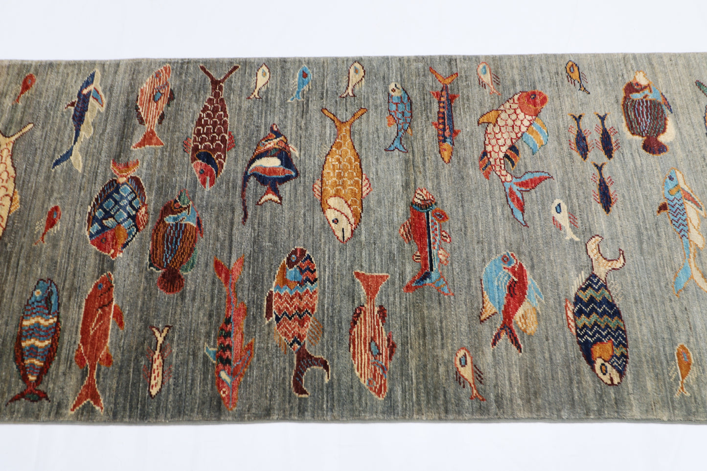 83 x 248 cm | Fish Party Afghan Tribal Hand Knotted Veg Dye Wool Runner