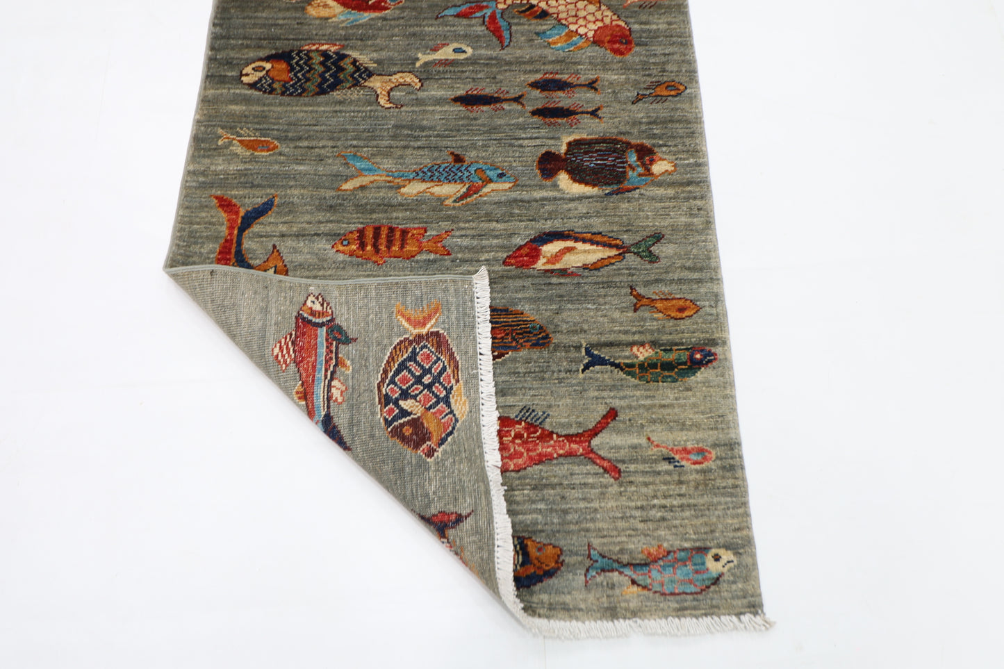 83 x 248 cm | Fish Party Afghan Tribal Hand Knotted Veg Dye Wool Runner