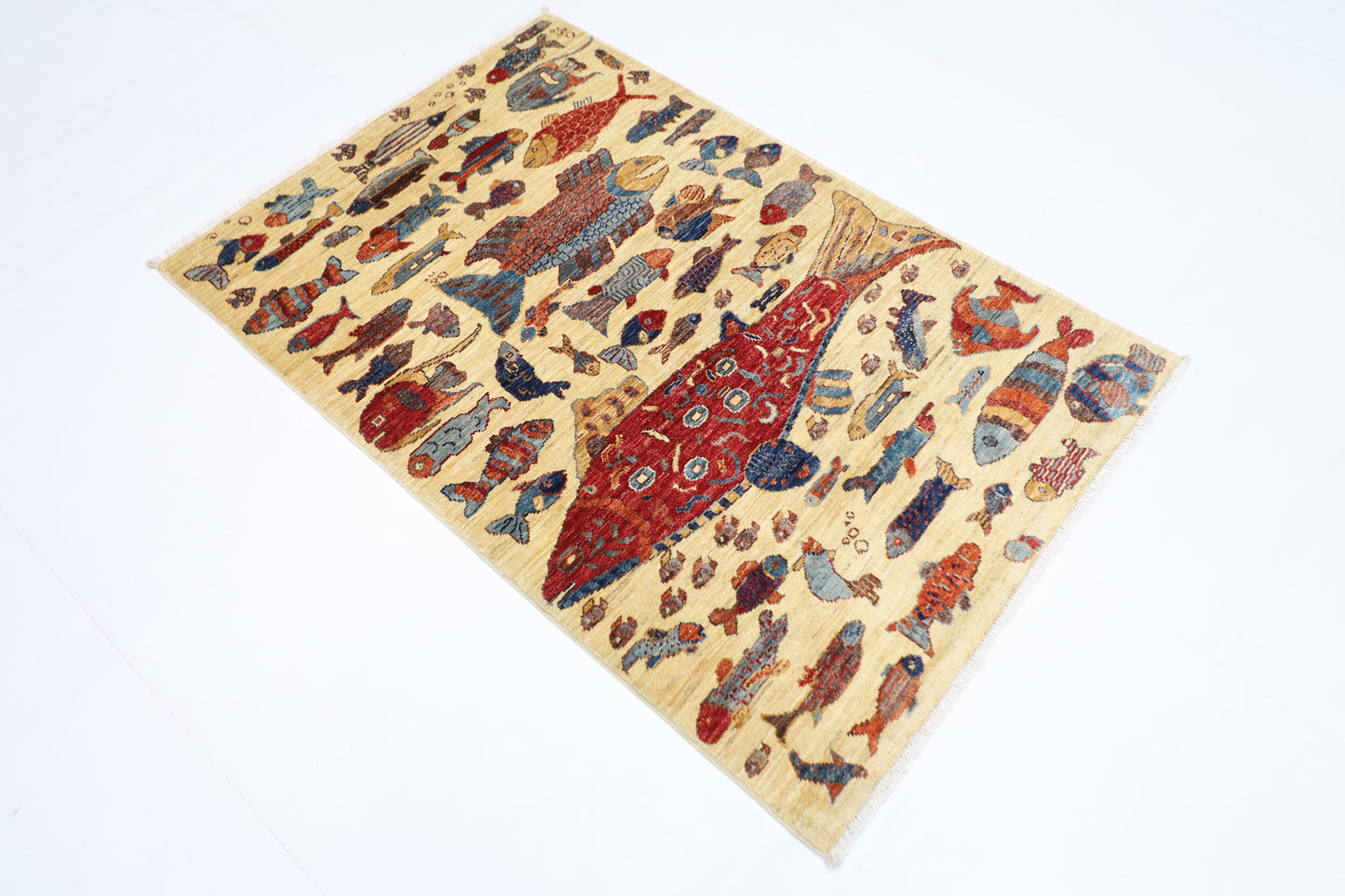101 x 152 cm | Fish Party Afghan Tribal Hand Knotted Veg Dye Wool Carpet
