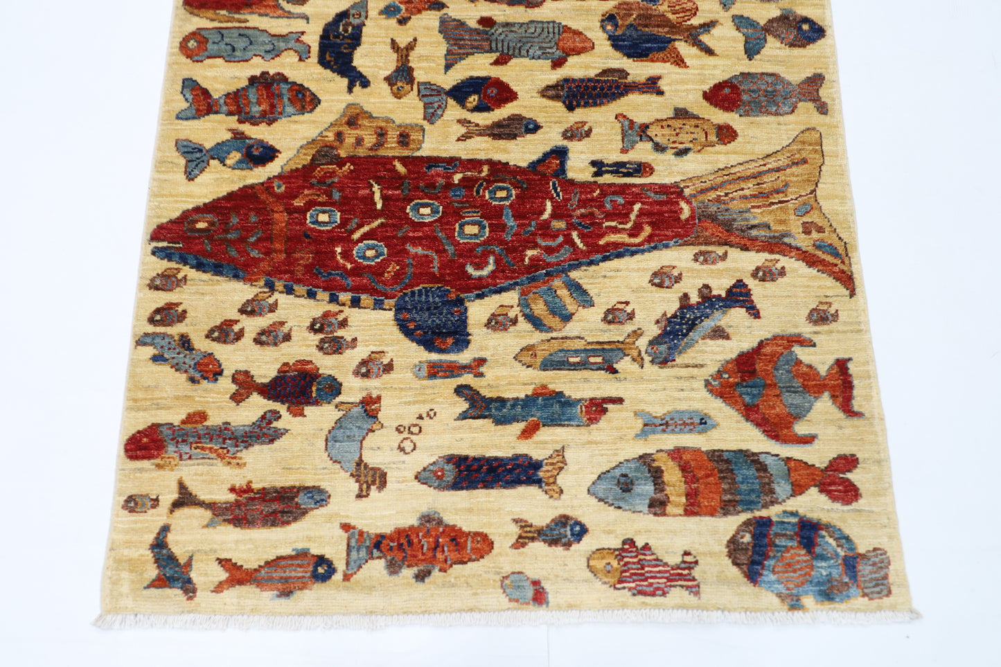 101 x 152 cm | Fish Party Afghan Tribal Hand Knotted Veg Dye Wool Carpet
