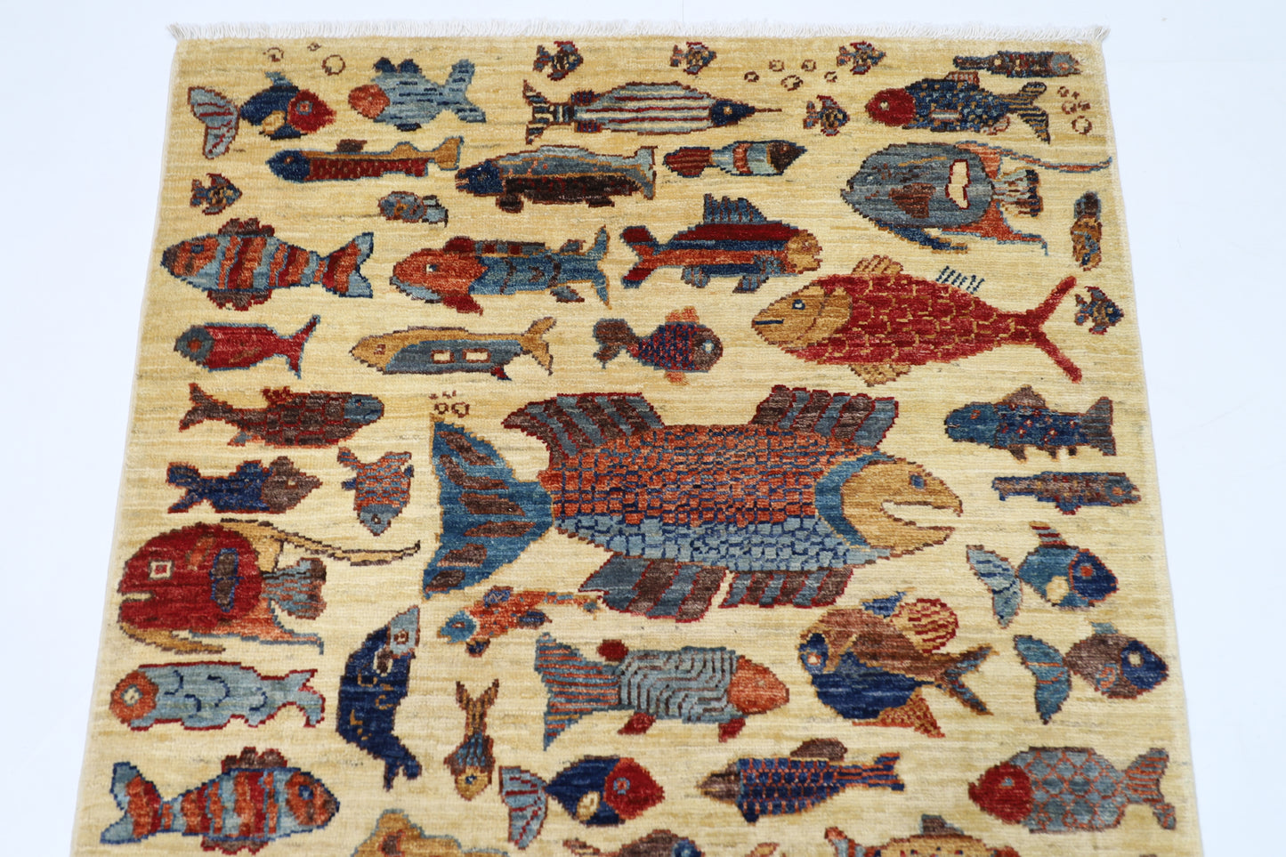 101 x 152 cm | Fish Party Afghan Tribal Hand Knotted Veg Dye Wool Carpet
