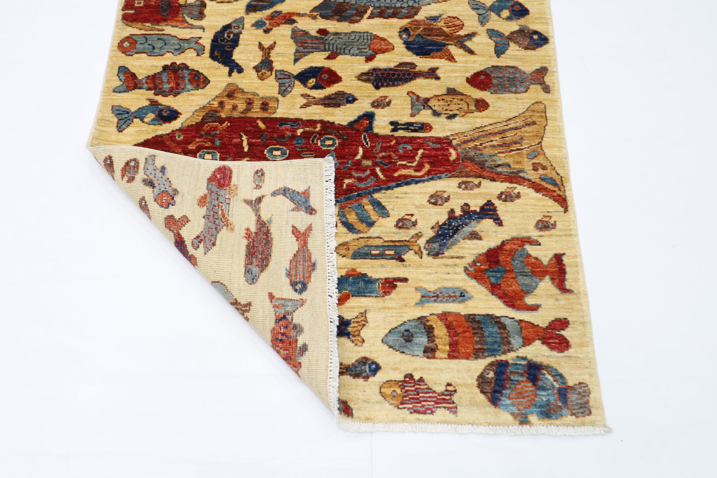 101 x 152 cm | Fish Party Afghan Tribal Hand Knotted Veg Dye Wool Carpet