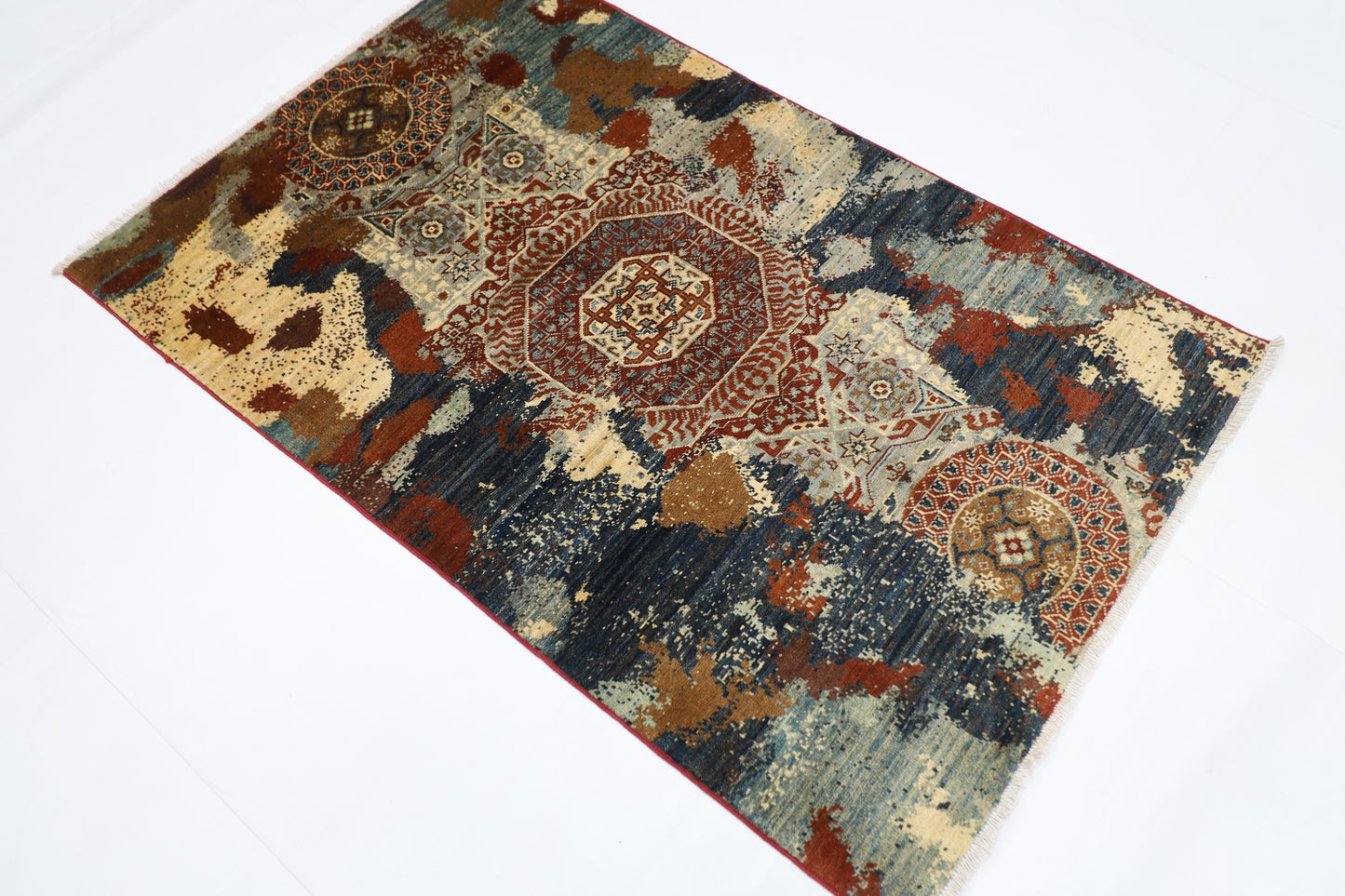 100 x 154 cm | Abstract Mamluk Afghan Tribal Hand Knotted Veg Dye Wool Carpet
