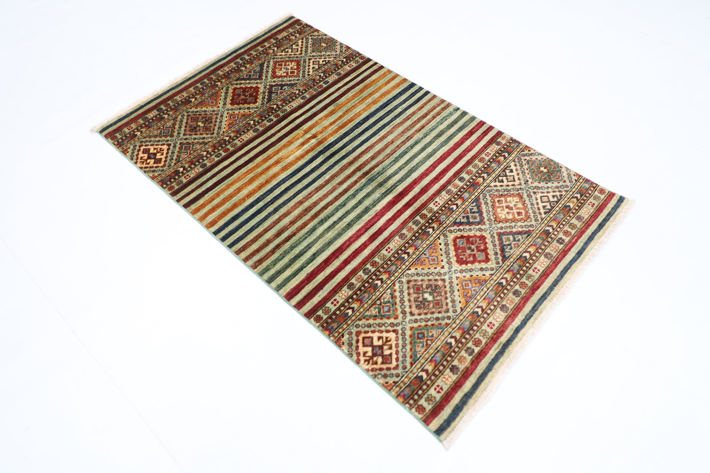 100 x 160 cm | Striped Afghan Tribal Hand Knotted Veg Dye Wool Carpet