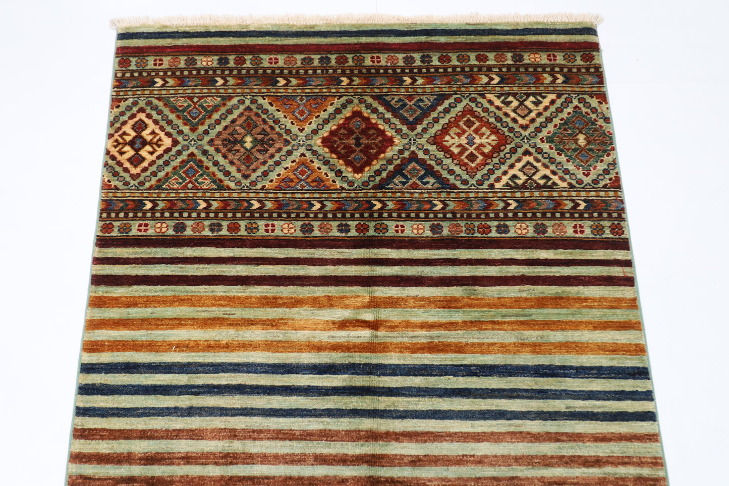 100 x 160 cm | Striped Afghan Tribal Hand Knotted Veg Dye Wool Carpet
