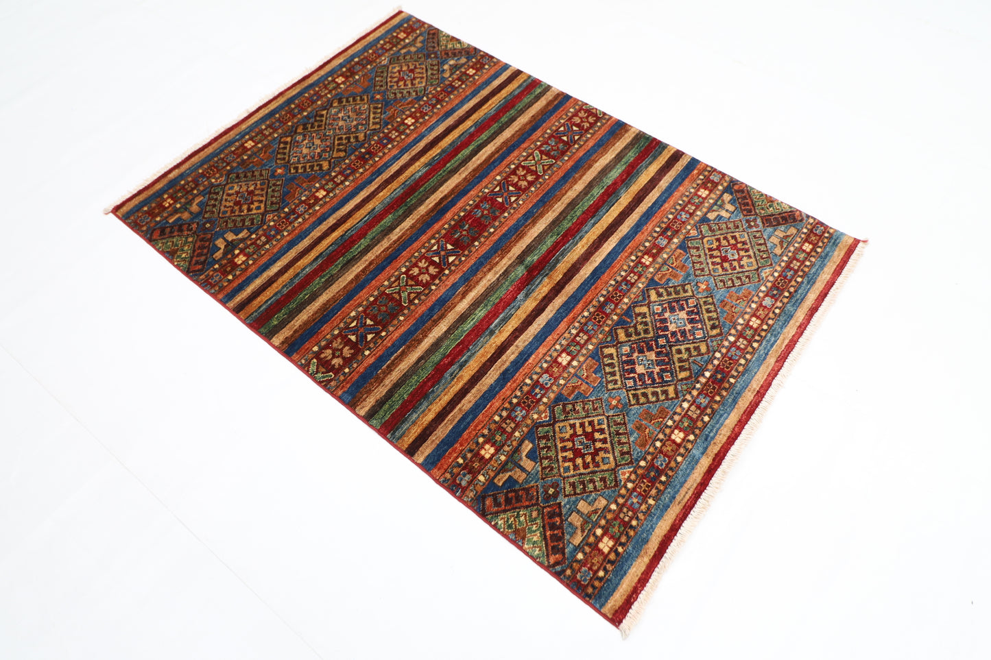 110 x 154 cm | Striped Afghan Tribal Hand Knotted Veg Dye Wool Carpet