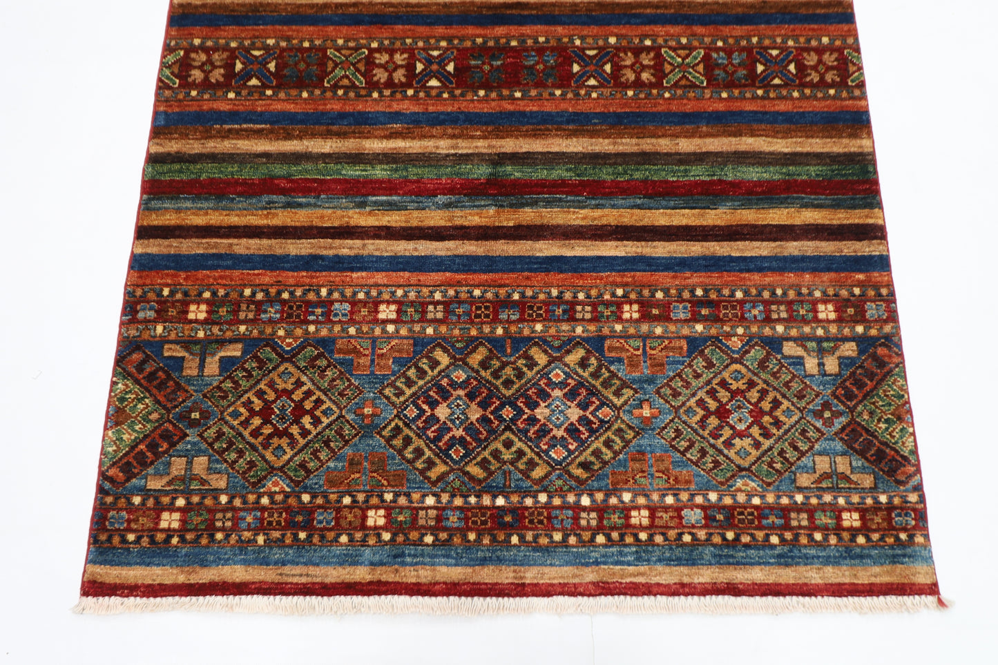110 x 154 cm | Striped Afghan Tribal Hand Knotted Veg Dye Wool Carpet