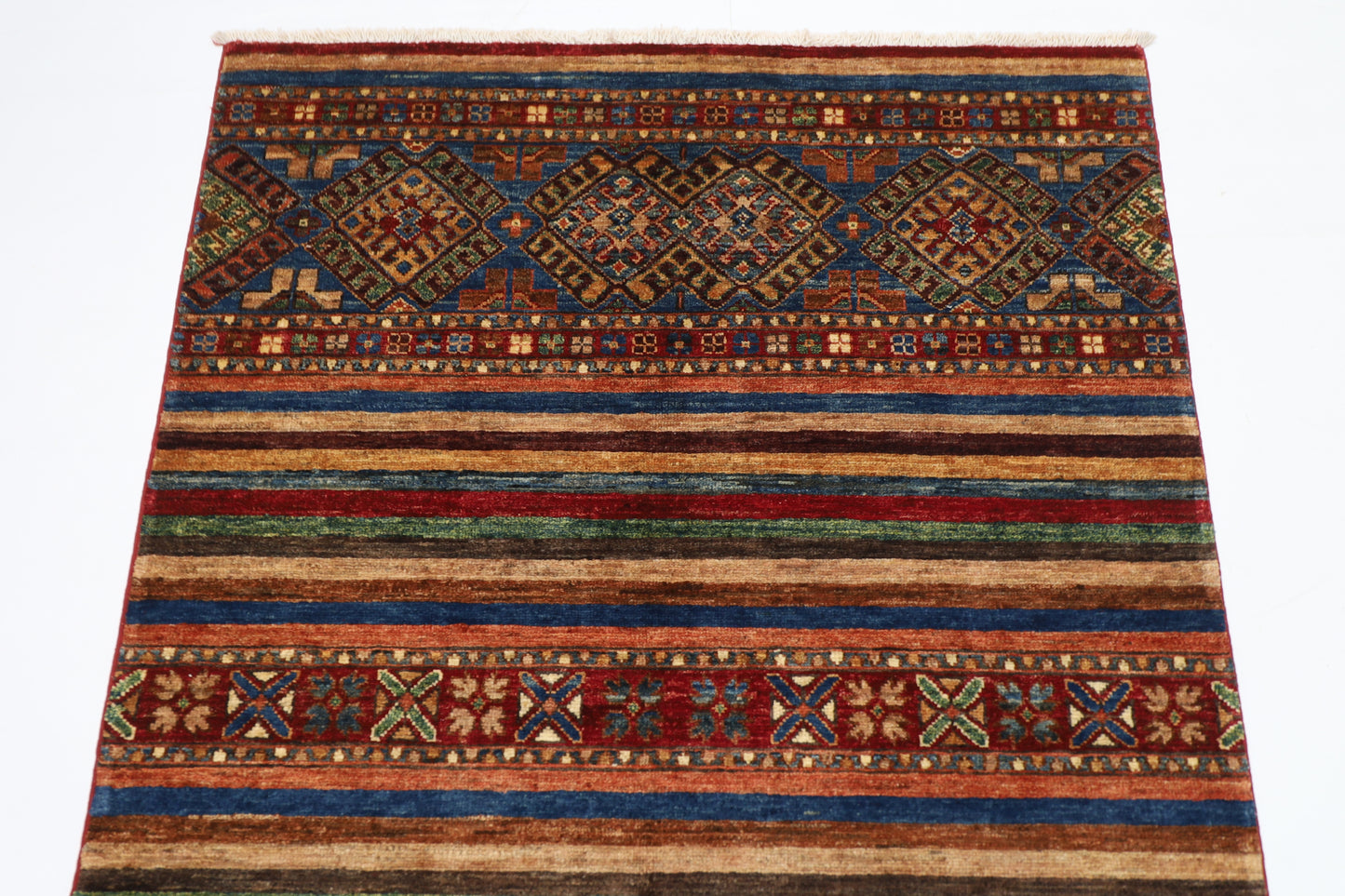 110 x 154 cm | Striped Afghan Tribal Hand Knotted Veg Dye Wool Carpet