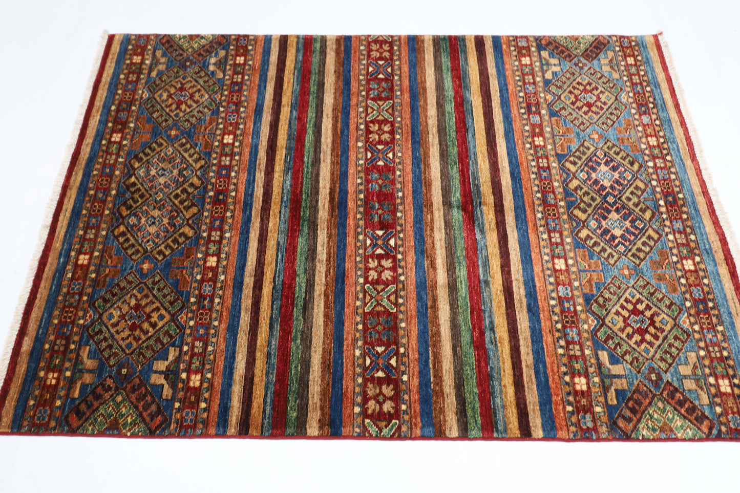 110 x 154 cm | Striped Afghan Tribal Hand Knotted Veg Dye Wool Carpet
