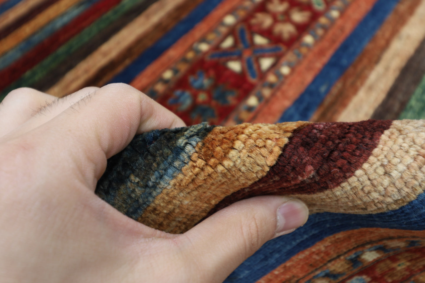 110 x 154 cm | Striped Afghan Tribal Hand Knotted Veg Dye Wool Carpet