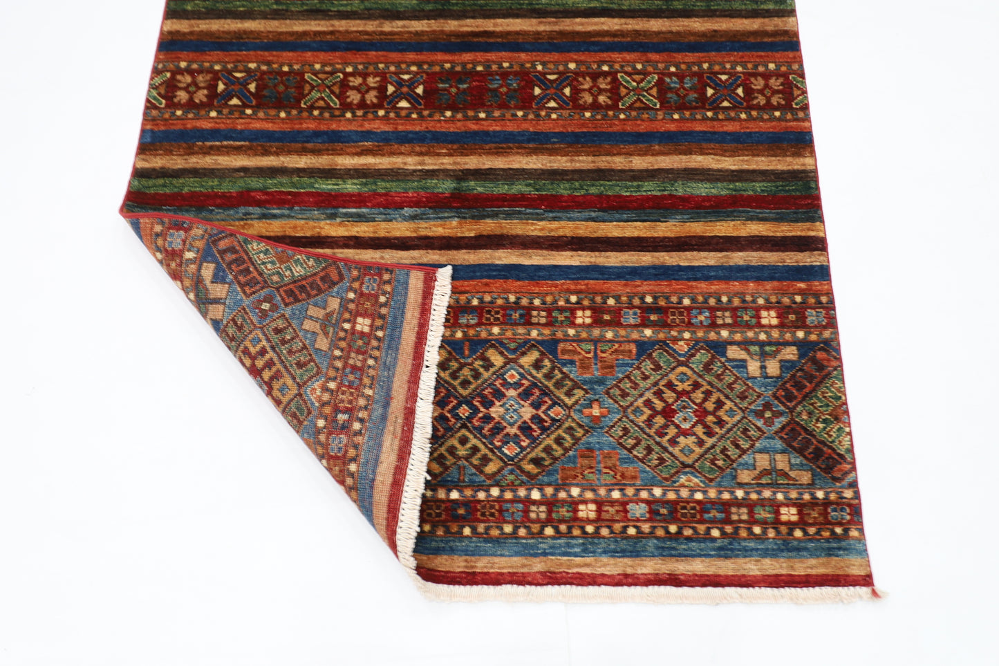 110 x 154 cm | Striped Afghan Tribal Hand Knotted Veg Dye Wool Carpet