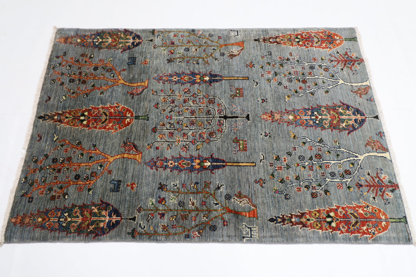 101 x 147 cm | Trees Afghan Tribal Hand Knotted Veg Dye Wool Carpet