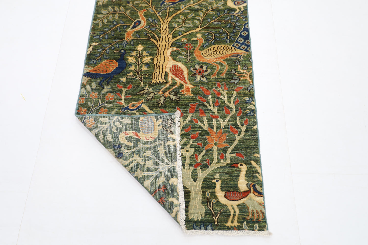 75 x 484 cm | Hallway Large Birds Green Rug Afghan Hand Knotted Veg dye Wool carpet