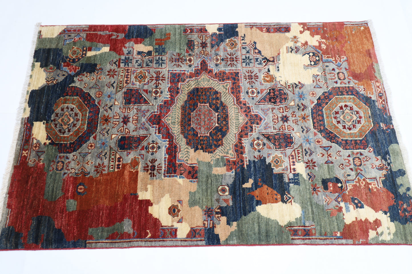 94 x 144 cm | Abstract Afghan Tribal Hand Knotted Veg Dye Wool Carpet