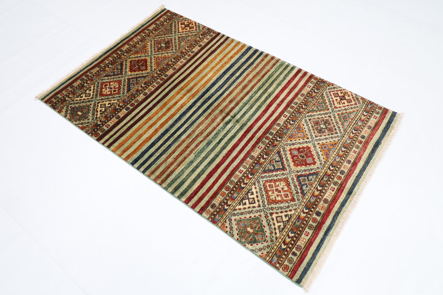 104 x 162 cm | Striped Afghan Tribal Hand Knotted Veg Dye Wool Carpet