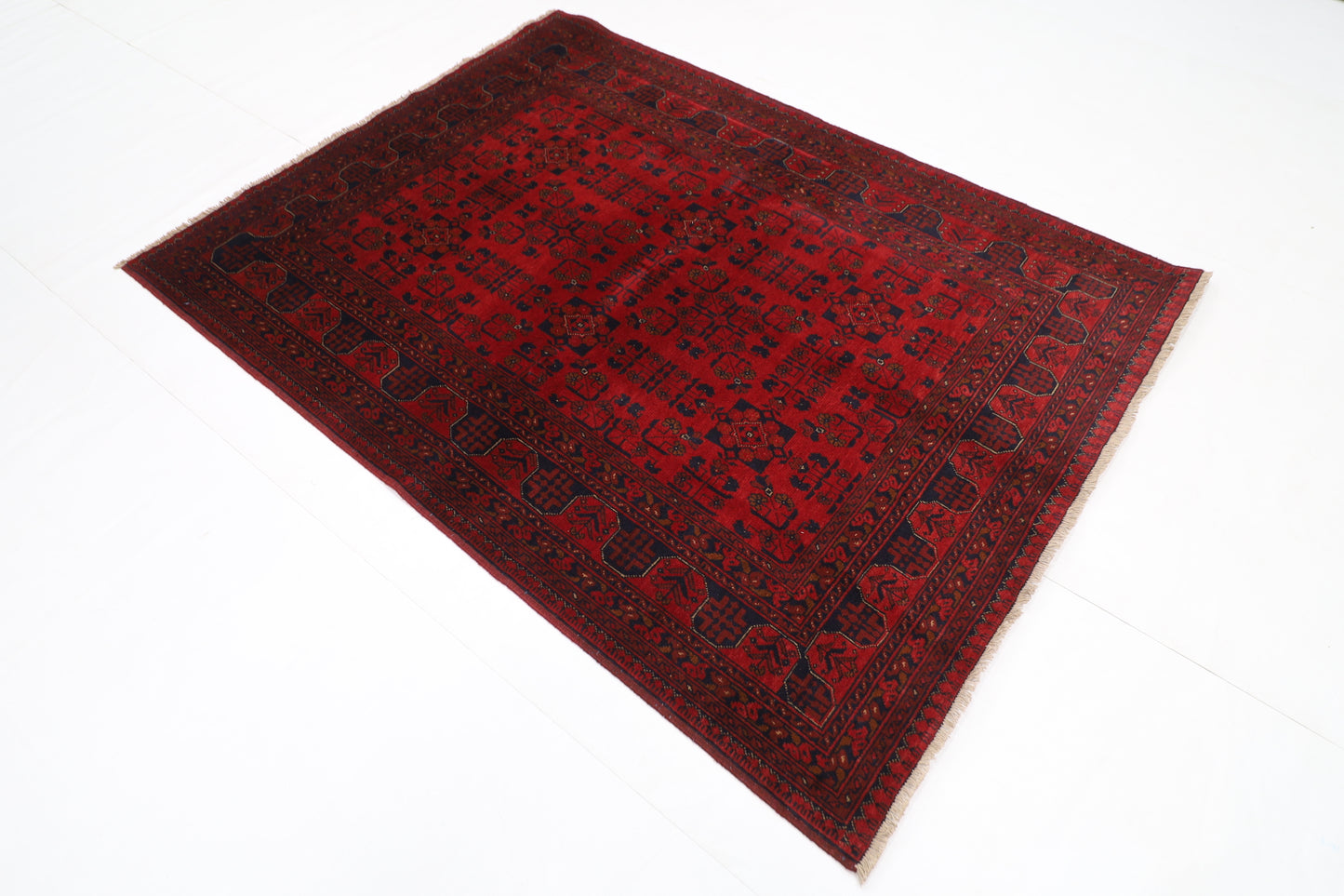 150 x 200 cm | Red Khal Mohammadi Afghan Tribal Hand Knotted Veg Dye Wool Carpet