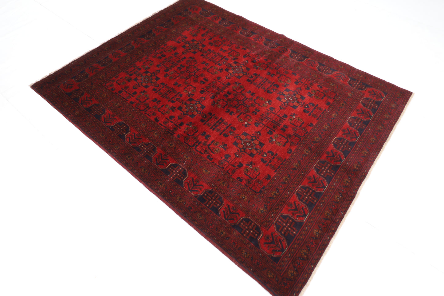 152 x 194 cm | Red Khal Mohammadi Afghan Tribal Hand Knotted Veg Dye Wool Carpet .
