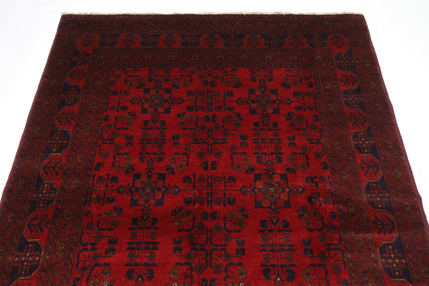 152 x 194 cm | Red Khal Mohammadi Afghan Tribal Hand Knotted Veg Dye Wool Carpet .