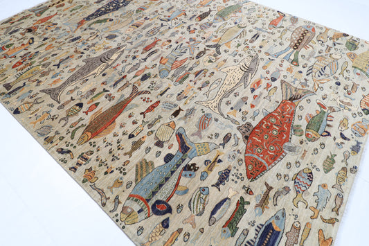 276 x 367 cm | Fish Design Area Rug Afghan Hand Knotted Veg Dye Wool carpet