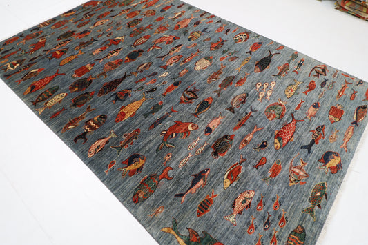 196 x 297 cm | Fish Gray Tribal Area Rug Afghan Hand Knotted veg Dye Wool carpet