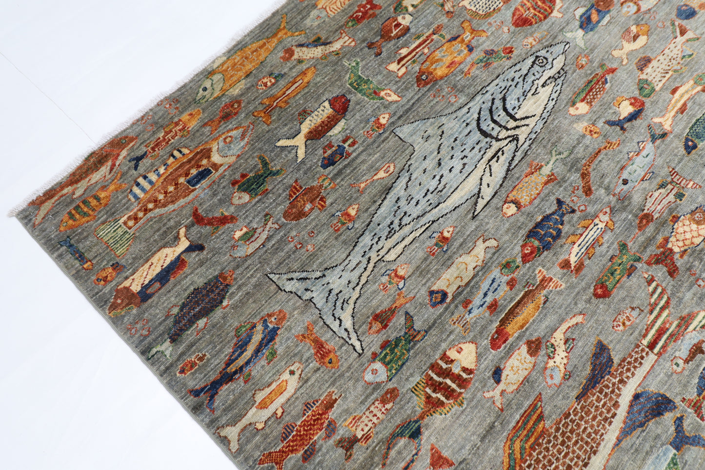 184 x 272 cm | Oriental Fish Gray Area Rug Afghan Hand Knotted Veg Dye Wool carpet